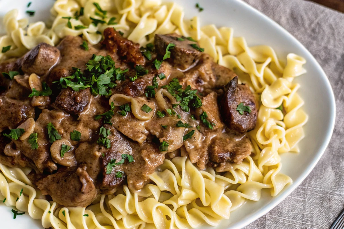 Creamy Beef Stroganoff with Egg Noodles garnished with parsley, served in a white bowl.