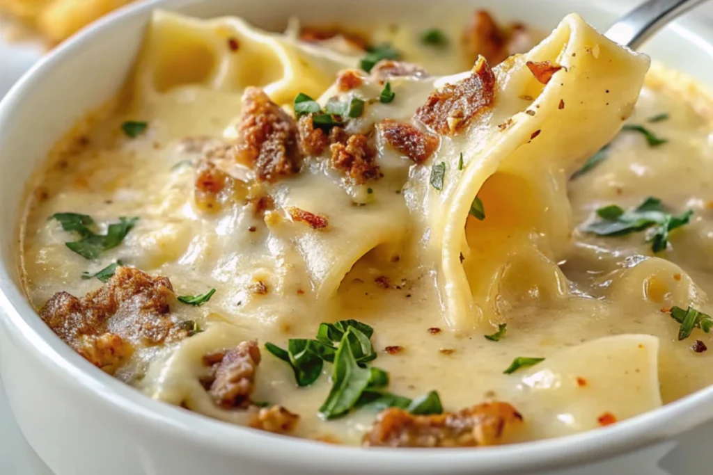 Creamy Alfredo Lasagna Soup served in a rustic bowl with a sprinkle of fresh parsley on top.