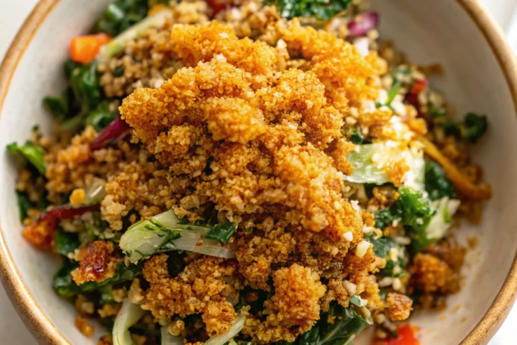 Crispy quinoa kale salad with roasted vegetables and a tangy dressing served in a white bowl.