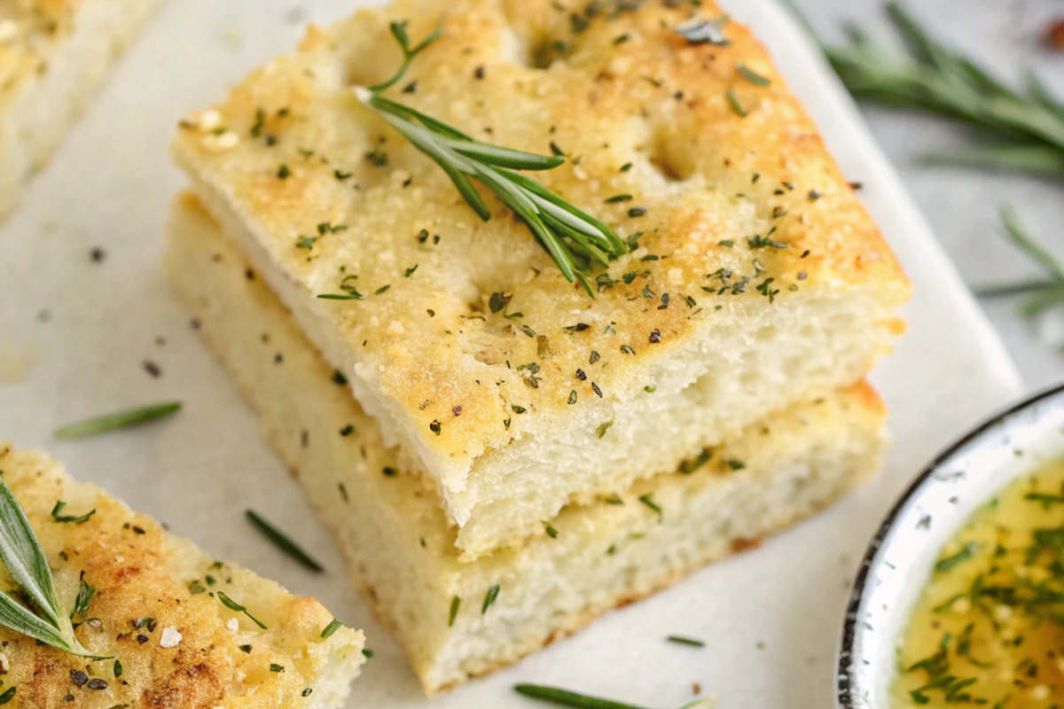 Gluten-Free Focaccia with Rosemary, golden-brown and garnished with fresh rosemary sprigs and sea salt.