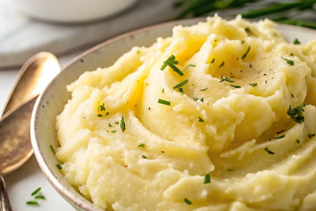 Healthy mashed potatoes made dairy-free, garnished with fresh chives and black pepper in a white bowl.