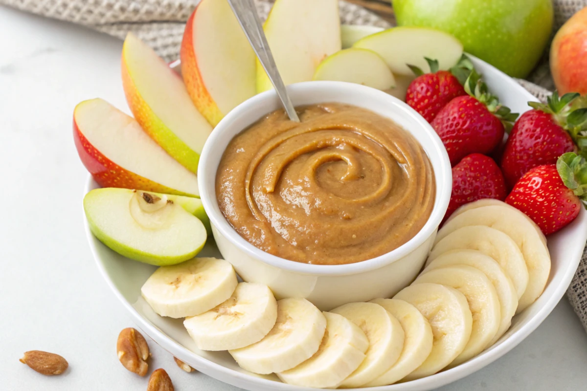 Healthy Peanut Butter Caramel Dip served in a bowl with fresh apple slices and pretzels.