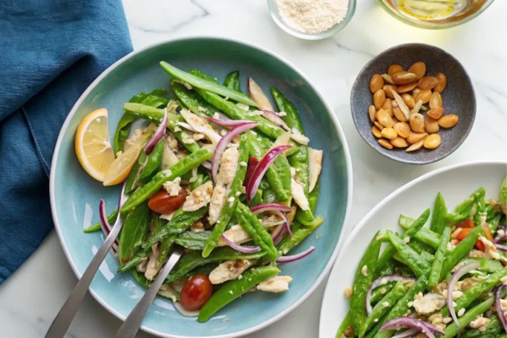 Fresh sugar snap pea salad with vibrant vegetables, garnished with lemon zest and herbs in a white bowl.