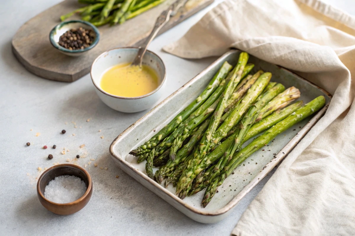 Roasted asparagus spears garnished with lemon slices and sea salt on a baking sheet.