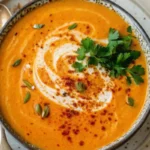 Vegan sweet potato soup served in a bowl, garnished with coconut cream, chili flakes, and fresh cilantro.