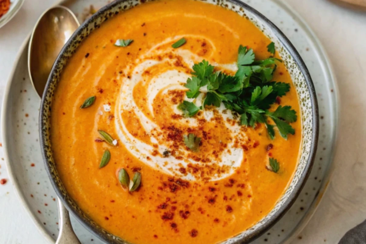 Vegan sweet potato soup served in a bowl, garnished with coconut cream, chili flakes, and fresh cilantro.