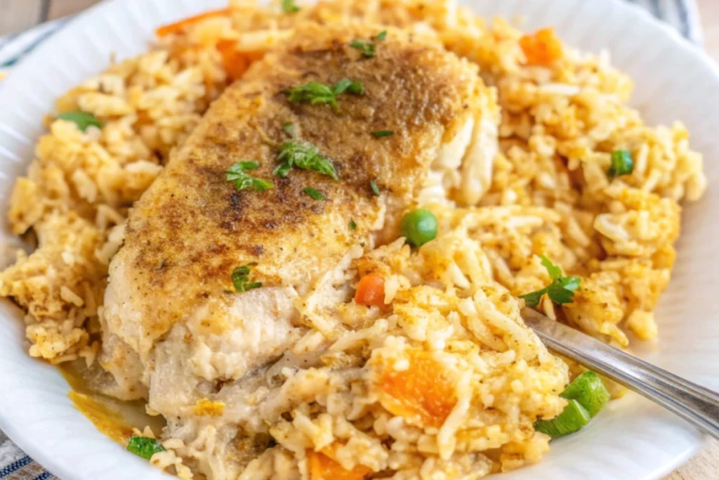 No-Peek Chicken Casserole with creamy sauce and golden rice, garnished with fresh herbs.