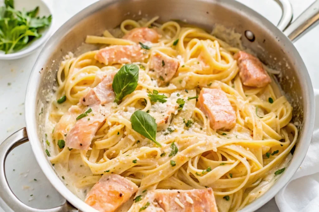 Naturally delicious salmon alfredo pasta served in a bowl.