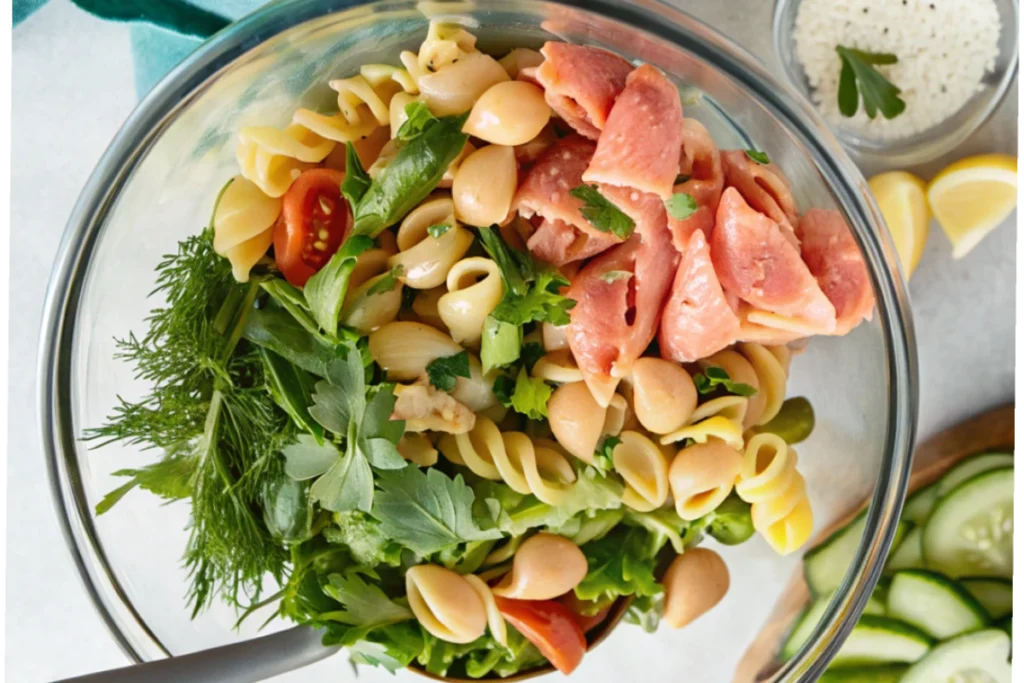 Delicious salmon pasta salad in a bowl.