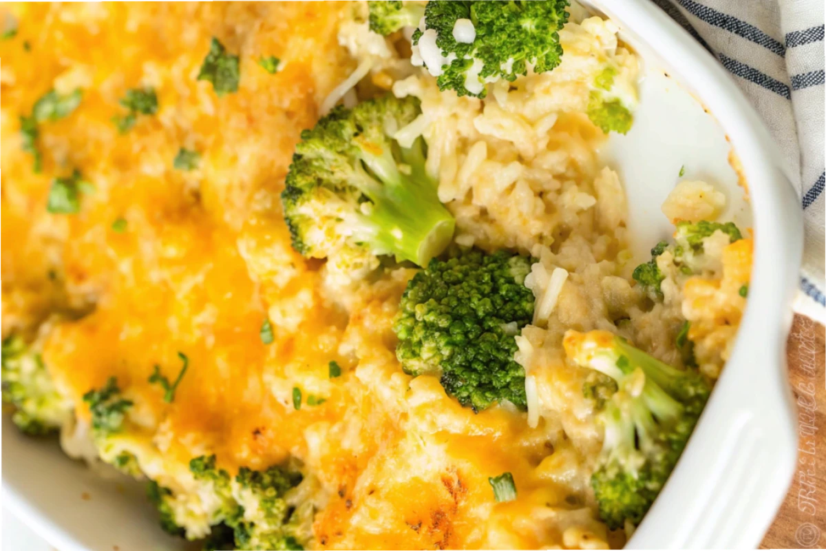 Naturally cheesy broccoli rice casserole in a baking dish.