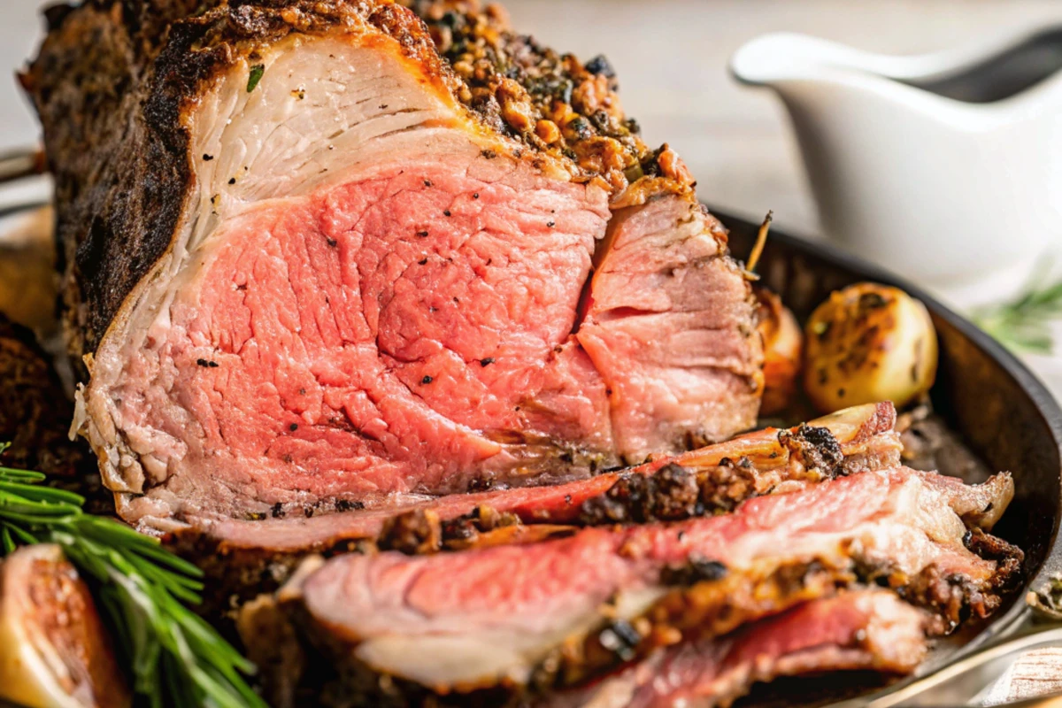 A delicious Dutch oven prime rib roast ready to serve.