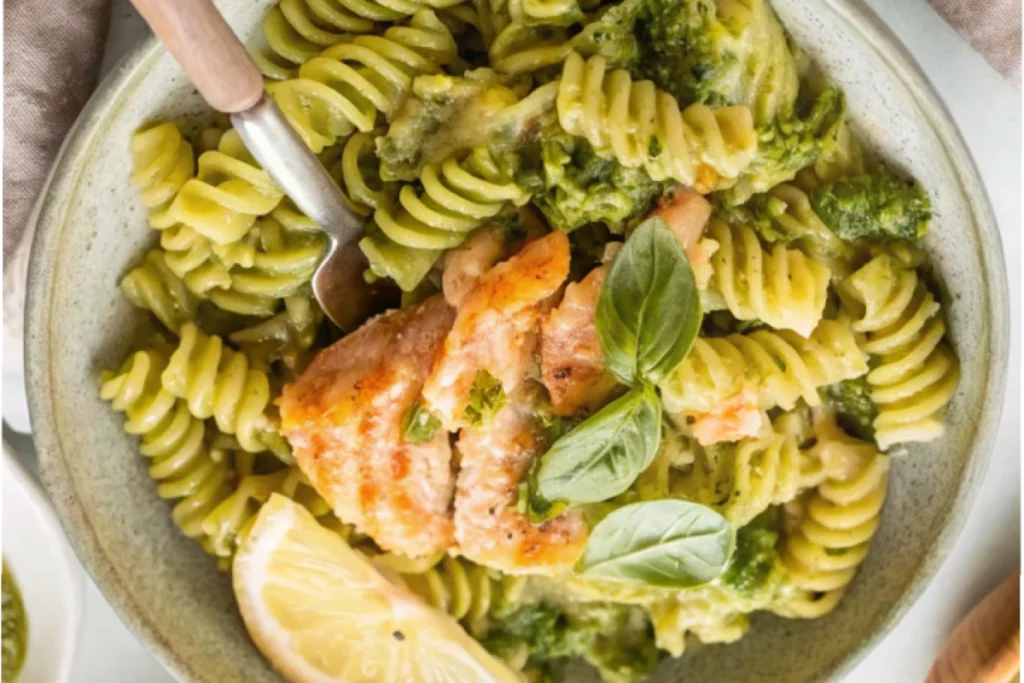 Delicious naturally made salmon pesto pasta on a plate.