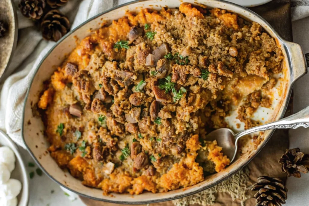 Naturally savory sweet potato casserole baked in a dish