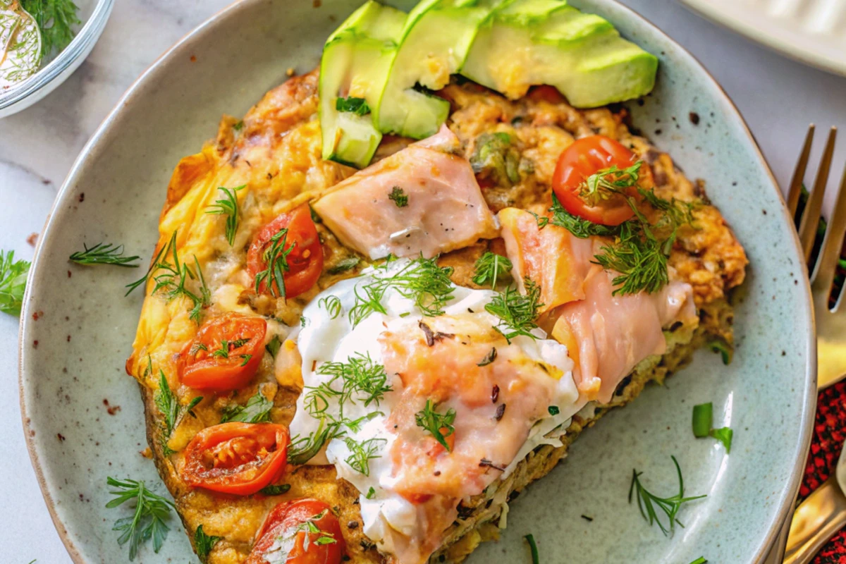 Smoked salmon frittata garnished with dill and cherry tomatoes, served in a cast iron skillet.