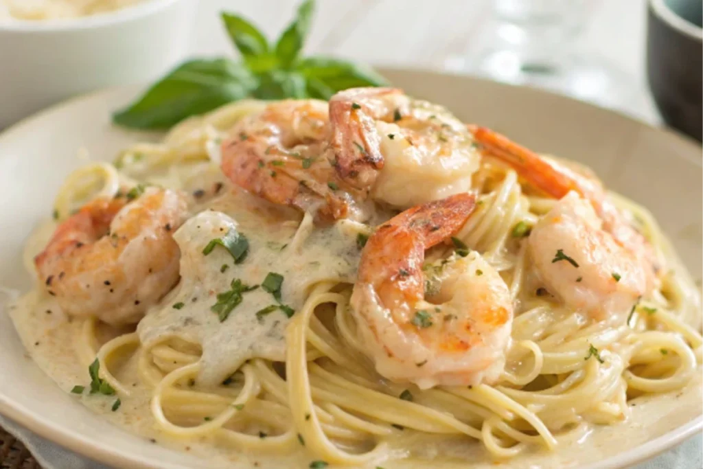 Creamy shrimp scampi served over pasta.