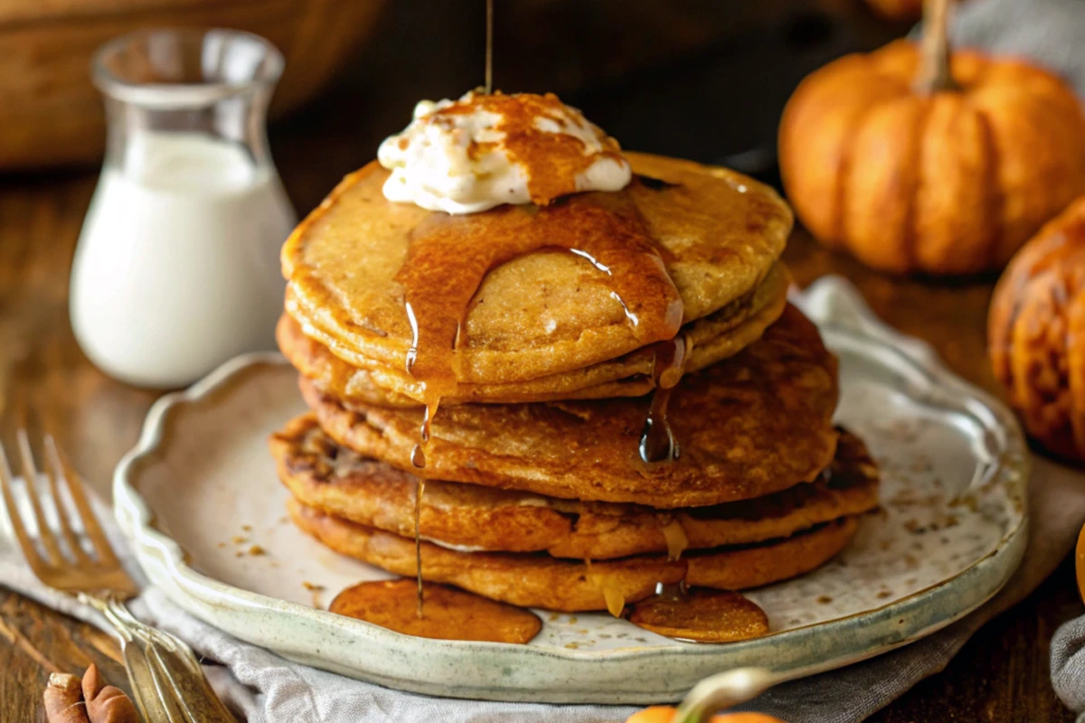 Naturally delicious pumpkin pie spice pancakes stacked high.