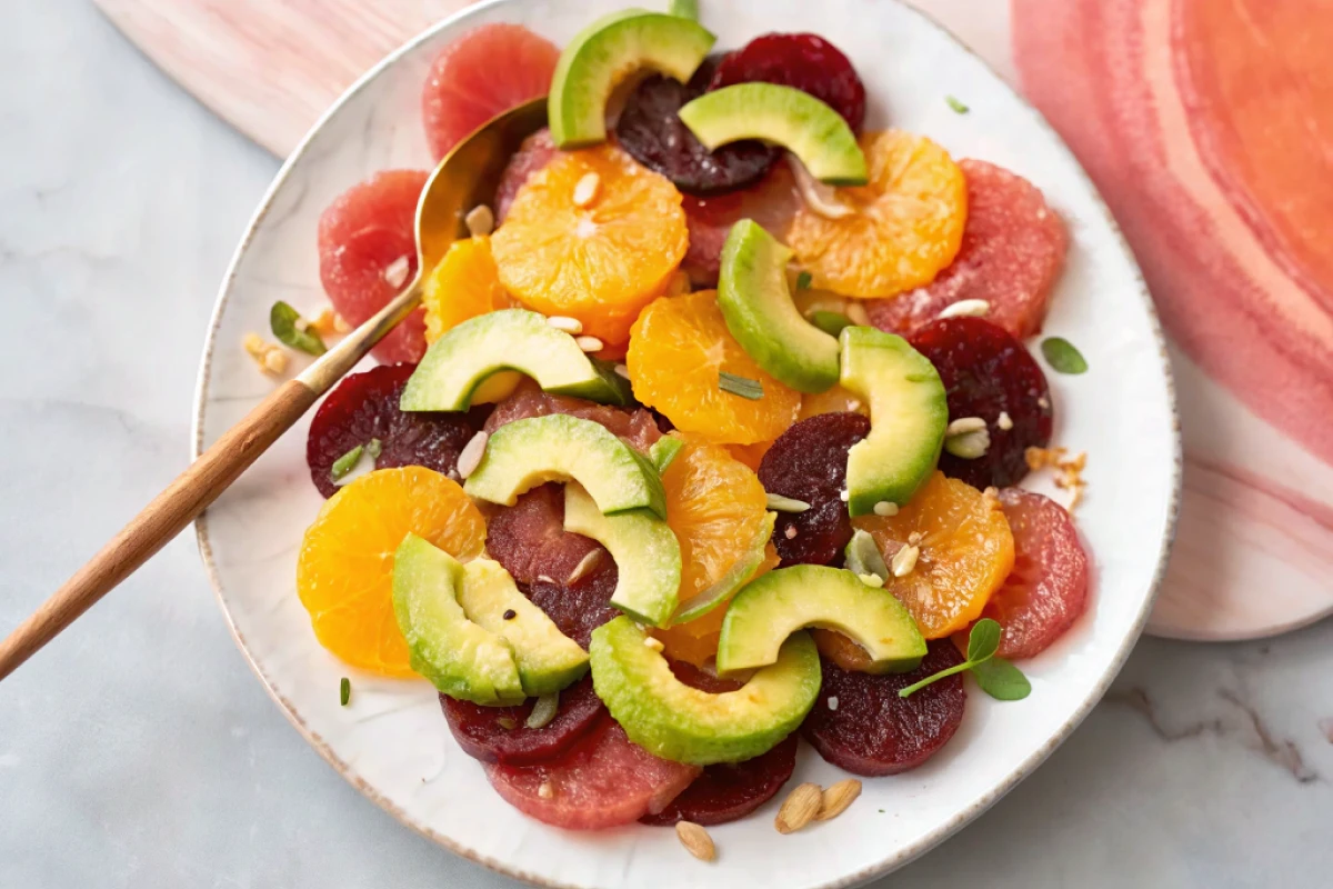 Citrus beet and avocado salad in a white bowl.