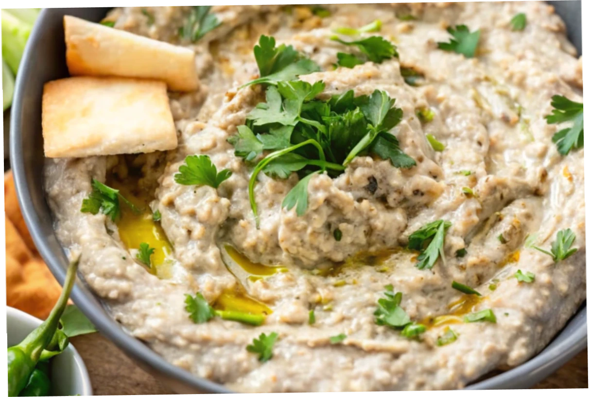 Naturally roasted eggplant dip in a bowl with toppings.