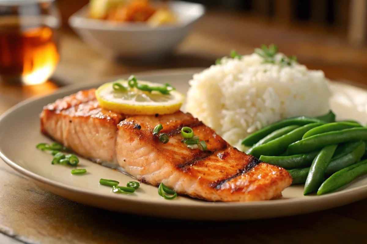 Grilled salmon with rice and green beans calories.