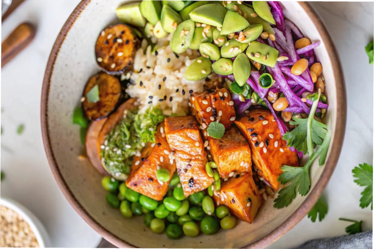 Naturally delicious miso salmon bowl with vegetables.