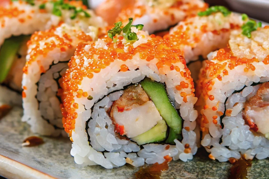 Naturally delicious spicy shrimp roll with sauce.